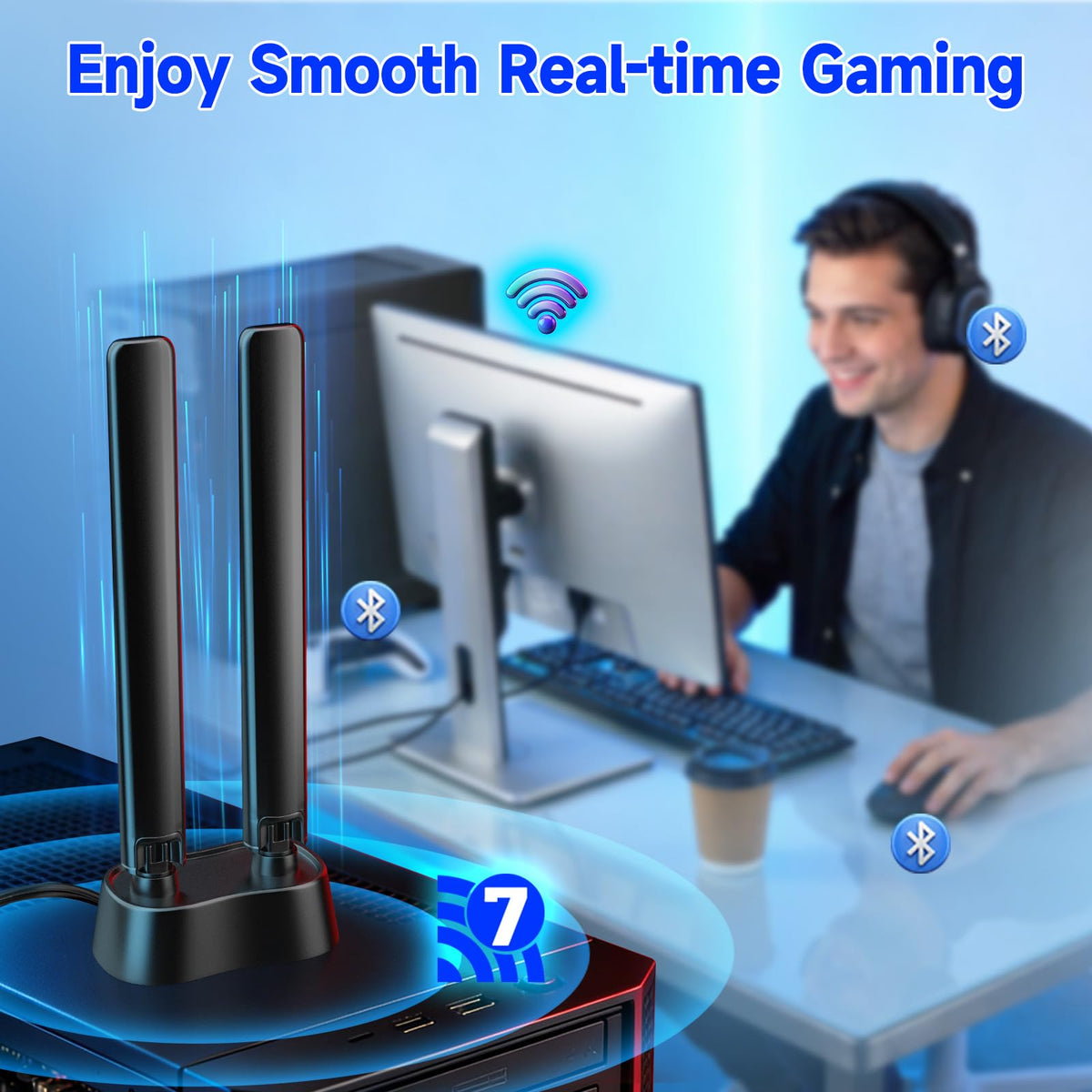 Eightwood Tri-Band WiFi 7 Motherboard Antenna with Push-On Connector | for ASUS ROG Strix / TUF Gaming / ProArt / PRIME Series WiFi 7 Motherboards, Magnetic Base, 6.5ft Extension Cable