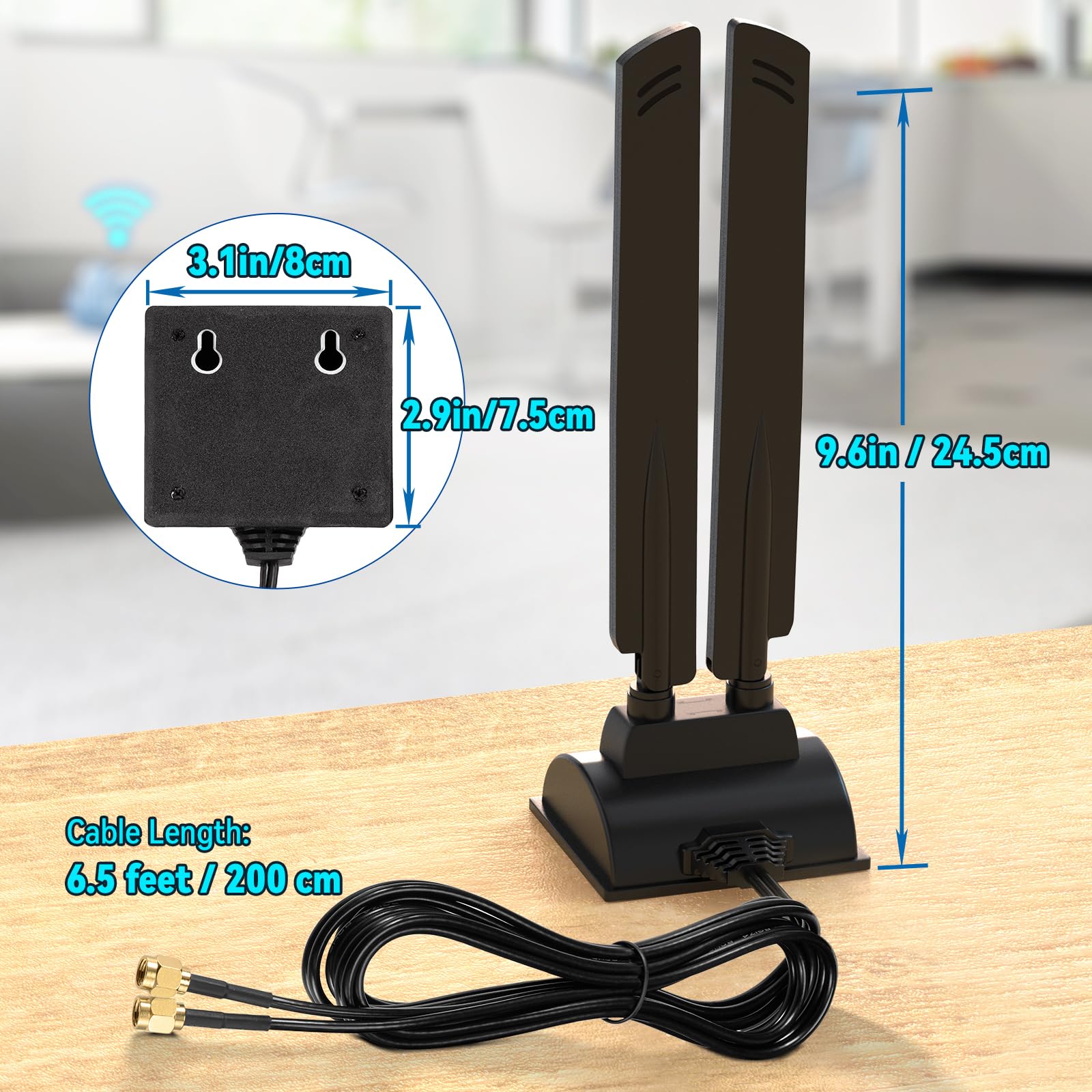 Eightwood WiFi 6E Antenna Tri-Band 6GHz 5GHz 2.4GHz RP-SMA WiFi Antenna Magnet Mount Base for PC Desktop Computer Motherboard WiFi Bluetooth Card Wireless WiFi Router