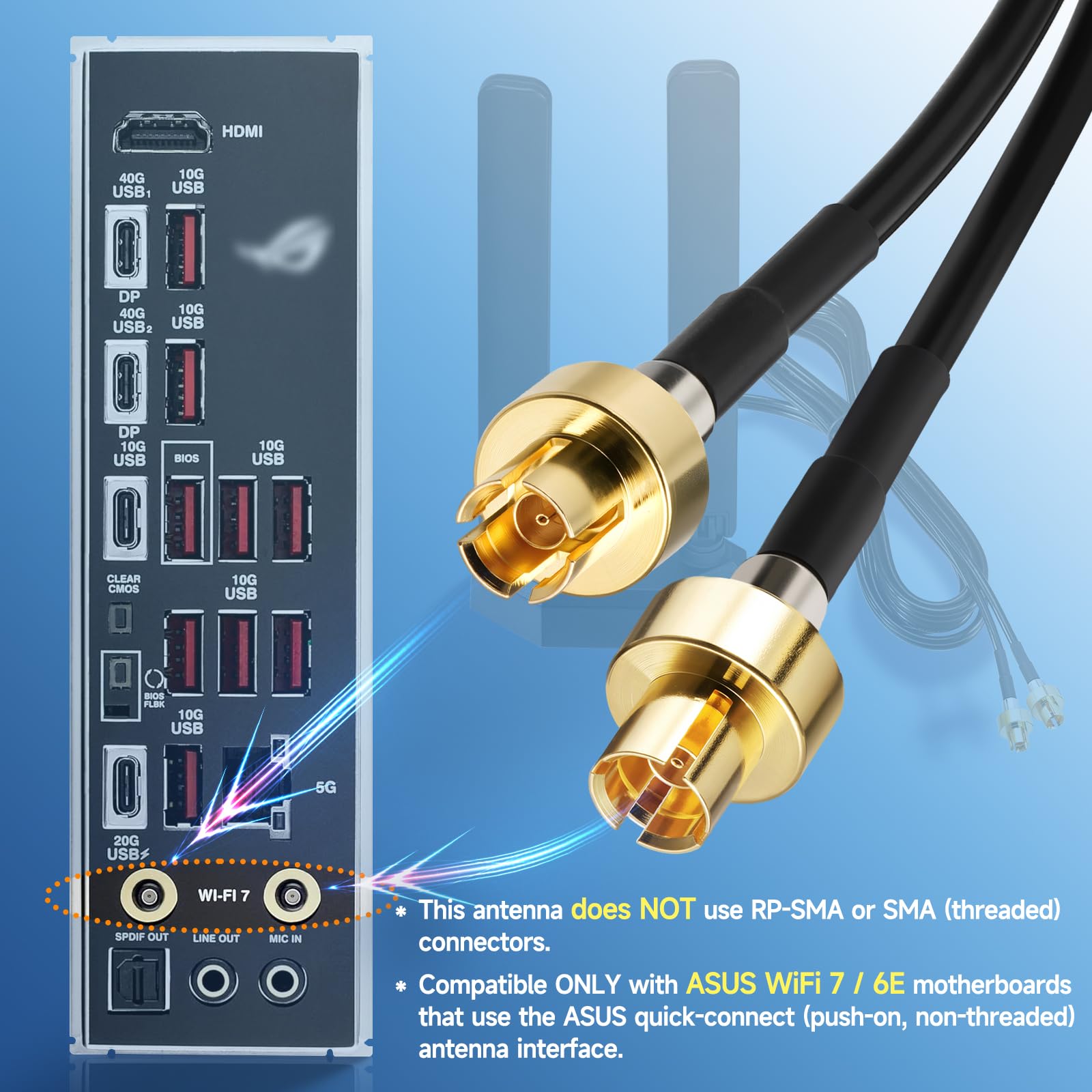 Eightwood WiFi 7 Antenna for ASUS Motherboards with Push-On Connector | Magnetic Base, 6.5ft Cable, Compatible with ROG Strix / TUF Gaming / ProArt / PRIME Series WiFi 7 Motherboards