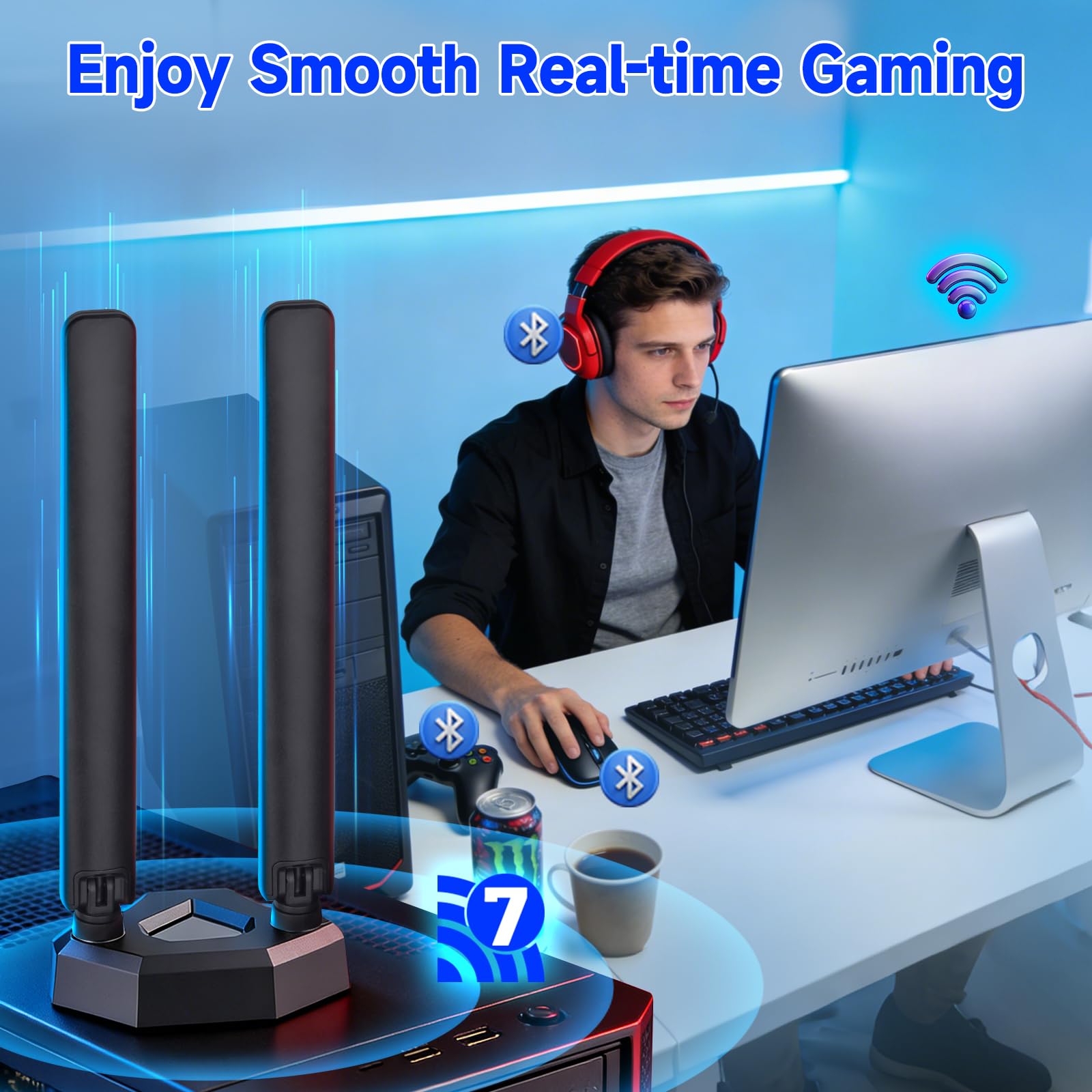 Eightwood WiFi 7 Antenna for ASUS Motherboards with Push-On Connector | Magnetic Base, 6.5ft Cable, Compatible with ROG Strix / TUF Gaming / ProArt / PRIME Series WiFi 7 Motherboards