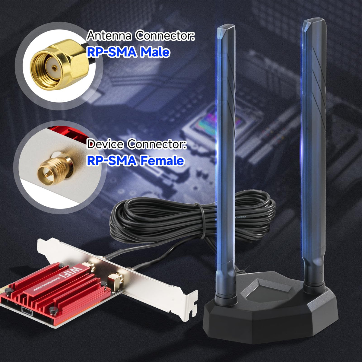 Eightwood WiFi 7 WiFi 6E Antenna Tri-Band 2.4GHz 5GHz 6GHz RP-SMA Antenna with Magnetic Base for Gaming PC Desktop Computer Motherboard PCIe Card, Wireless Router Modem