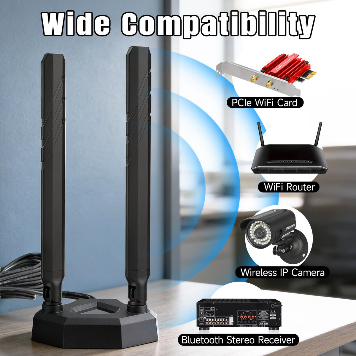 Eightwood WiFi 7 WiFi 6E Antenna Tri-Band 2.4GHz 5GHz 6GHz RP-SMA Antenna with Magnetic Base for Gaming PC Desktop Computer Motherboard PCIe Card, Wireless Router Modem