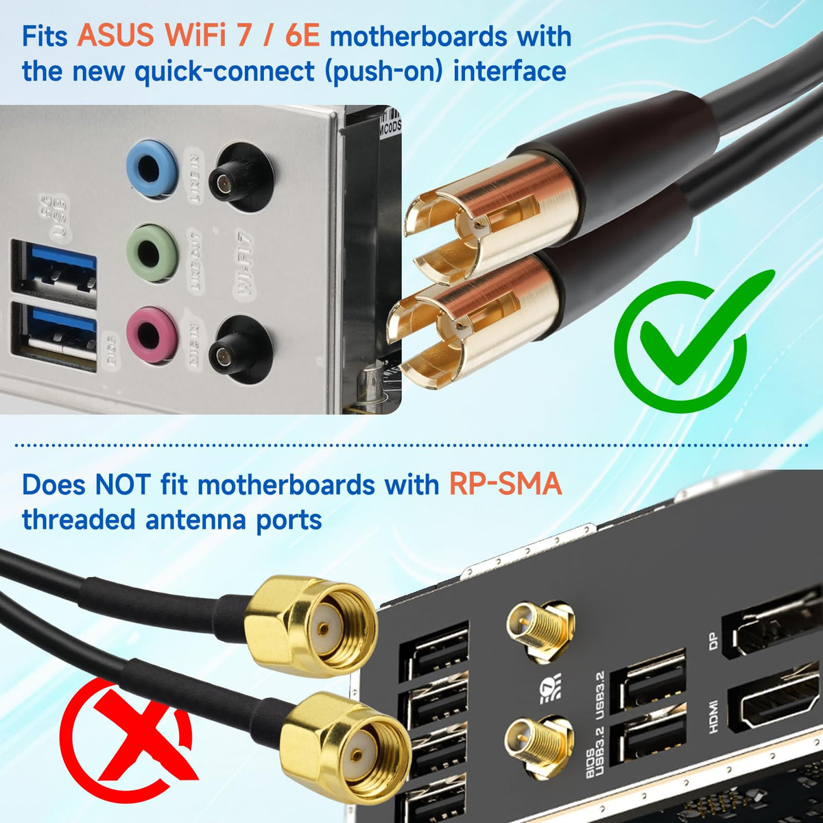 Eightwood WiFi 7 Gaming PC Motherboard Antenna Tri-Band Magnetic Base Antenna with Push-on Connector for ASUS ROG Strix, TUF Gaming, ROG Crosshair, ProArt, Prime Series WiFi 7 Motherboards