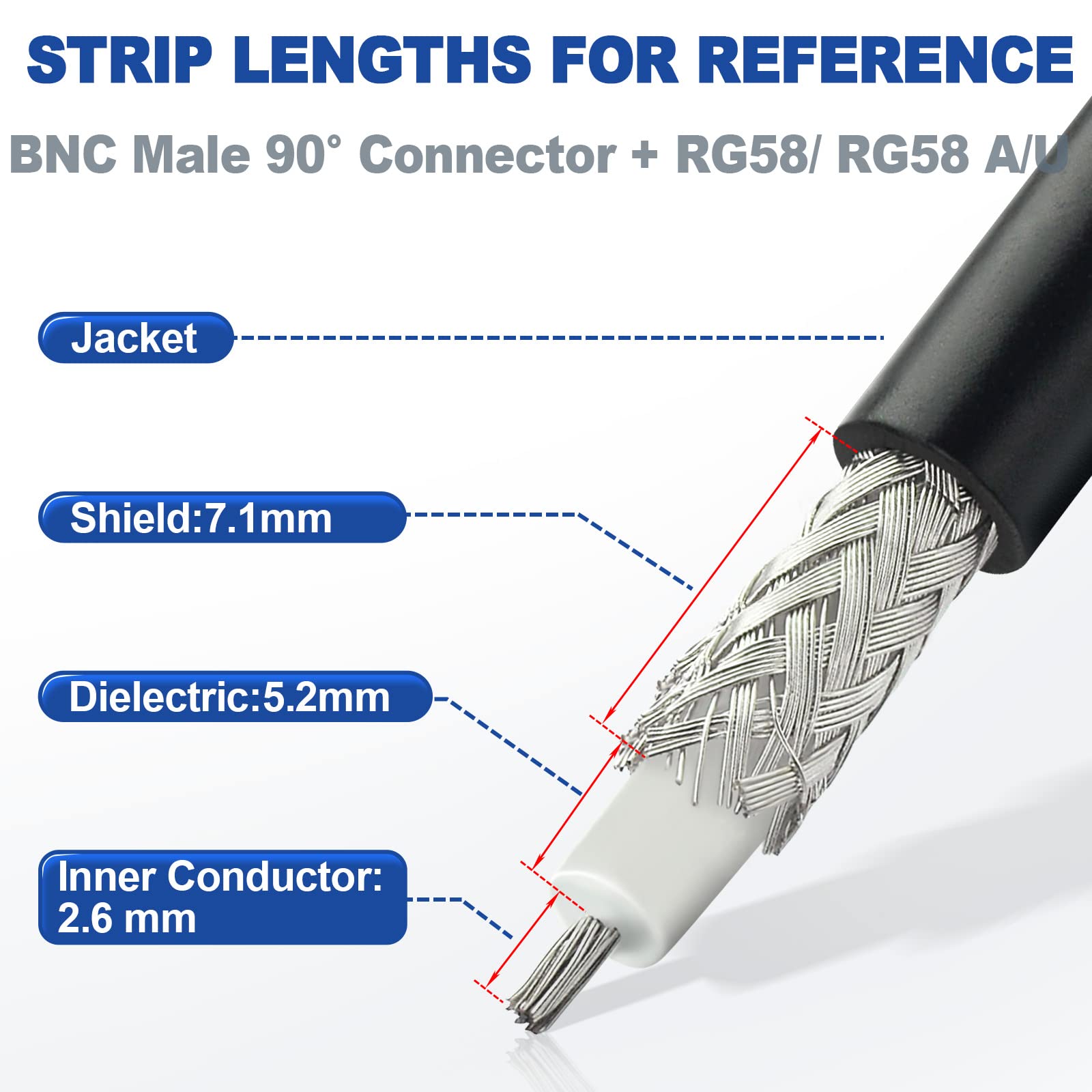 Eightwood BNC Male Right Angle Crimp Connector for RG58 LMR195 RG142 Cable | 50 Ohm, 90 Degree BNC Plug Coax Connector