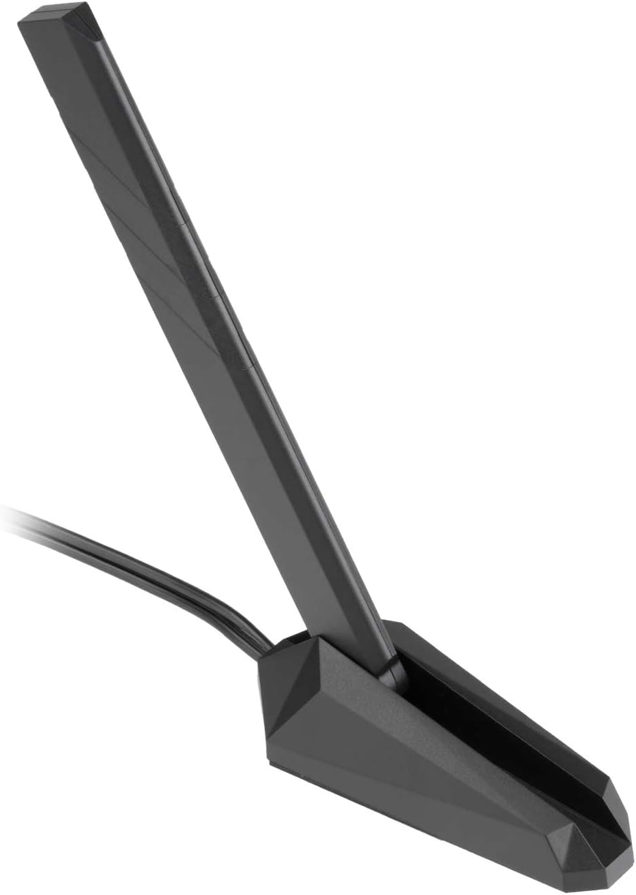 High-gain WiFi 7 antenna attached to gaming PC case for optimized 6GHz signal reception