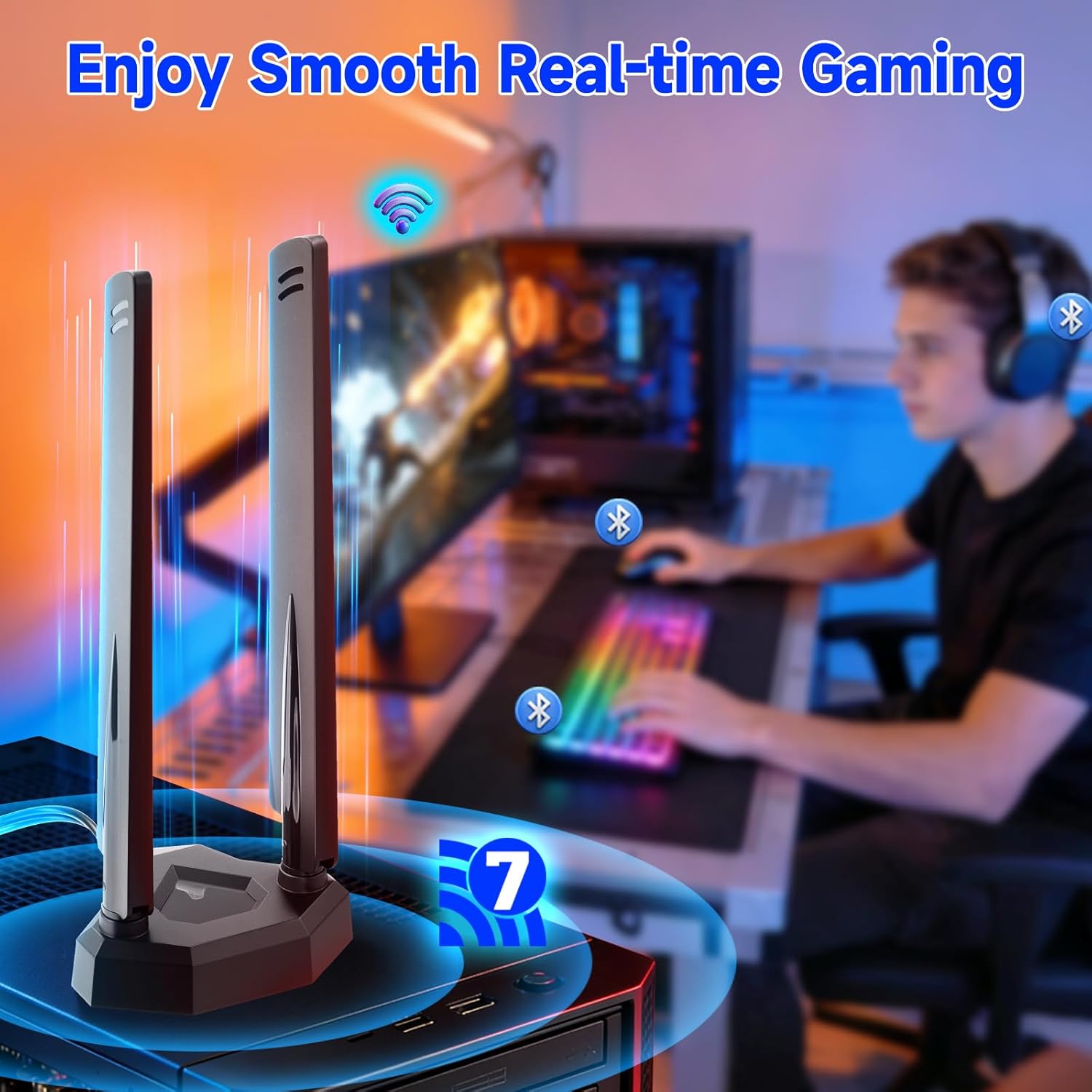 WiFi 7 antenna mounted on high-end gaming PC for low-latency 6GHz streaming and gaming
