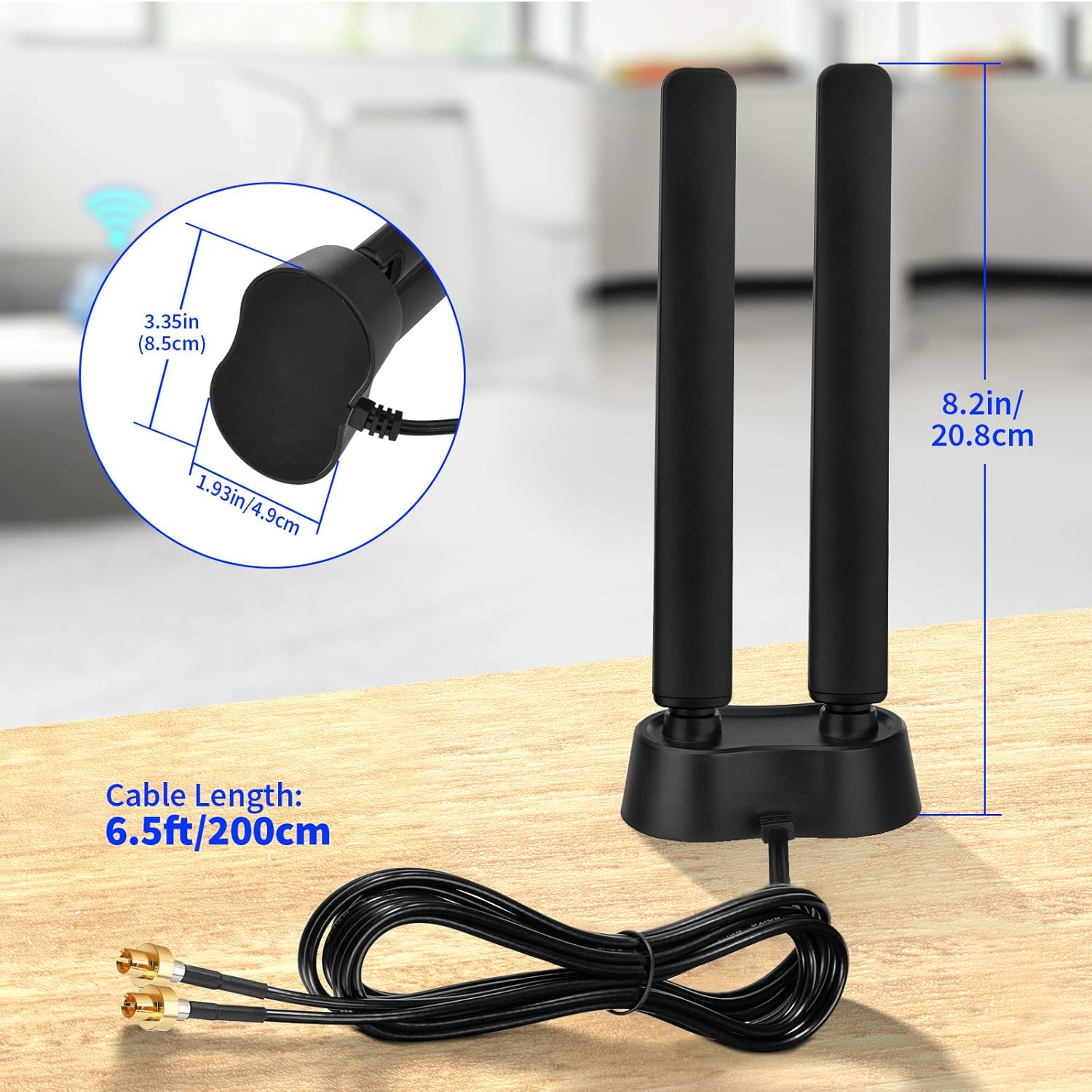 Technical dimensions and 6.5ft cable length of Eightwood WiFi 7 antenna